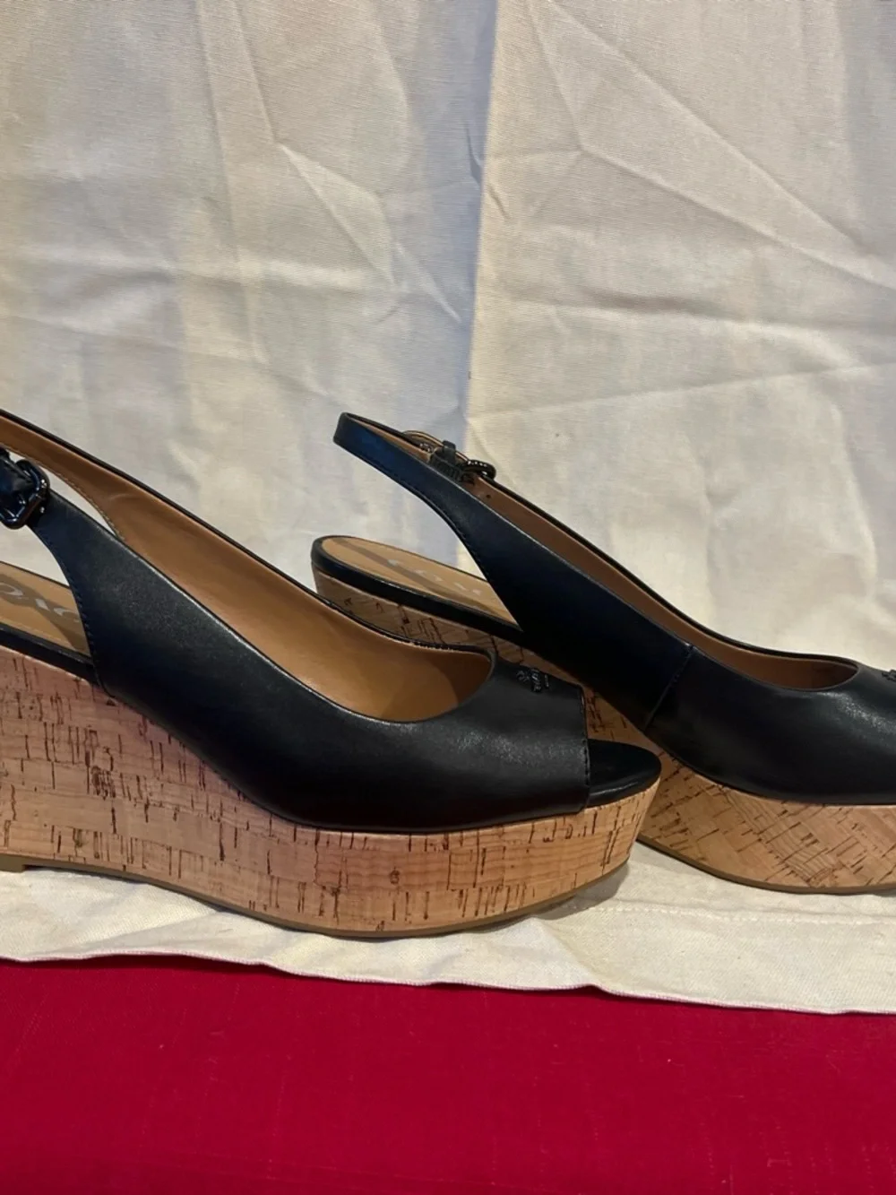 COACH Black Leather Peep-Toe Cork Wedge Slingbacks